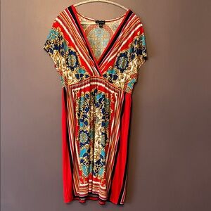 Vibrant Red & Blue Baroque Print wrap V-Neck Dress with empire waist size 16